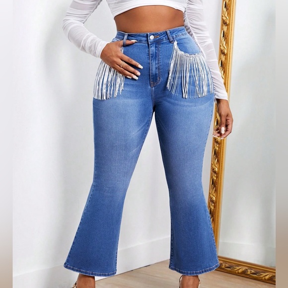 Jolie Denim - Plus High Waist Fringe Trim Flare Leg Jeans